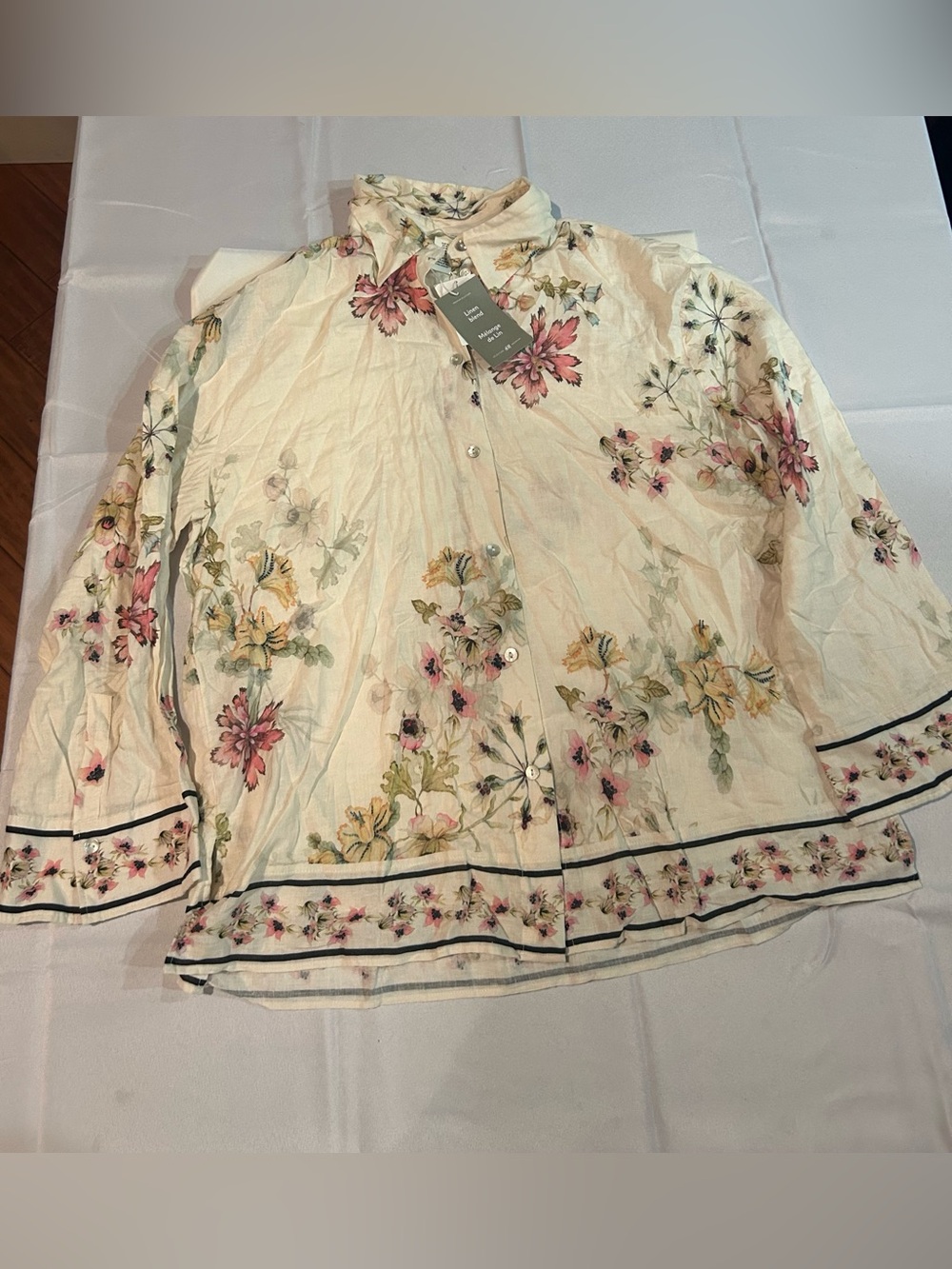 Floral Linen Blend Blouse H&M Botanical Border Print Button Down Shabby Chic